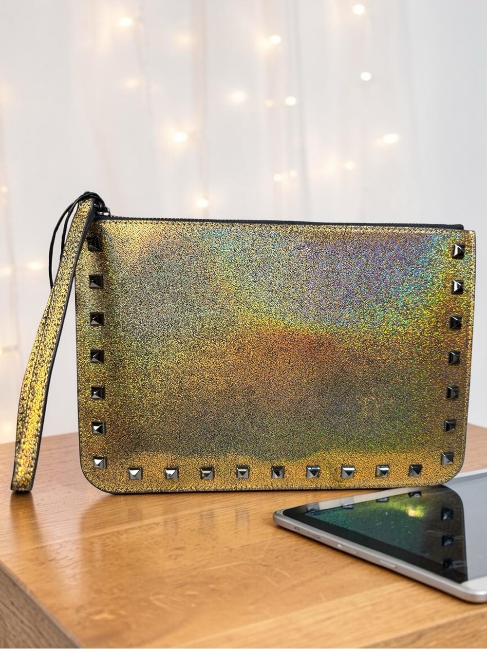 Rebecca Minkoff Holographic Gold Wristlet Clutch, Leather, NWT